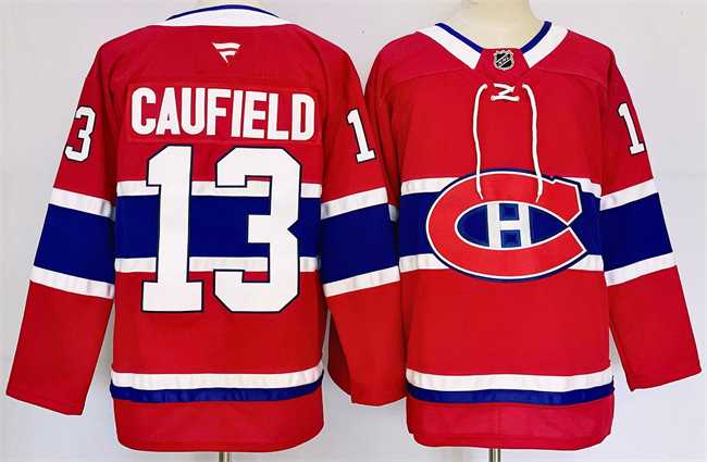 Mens Montreal Canadiens #13 Cole Caufield Red 2024-25 Stitched Jersey